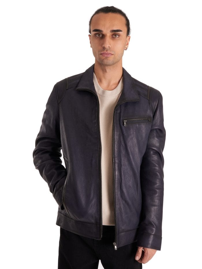 Мужская кожанка тёмно-синяя — натуральная кожа, стиль casual — изображение 3