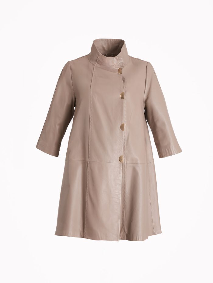 Кожаное пальто-френч А-силуэта с пуговицами — изображение 4
